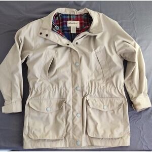 Eddie Bauer Tan Utility Field Jacket Plaid Lined Womens Medium Beige Cargo Coat